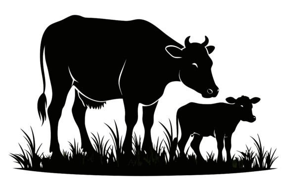 Cow and Calf Grazing Scene Silhouette for Creative and Commercial Use